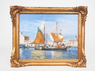 Vente aux enchères Gaston ROULLET. "les barques de pêche à l'entrée du port". Huile sur t