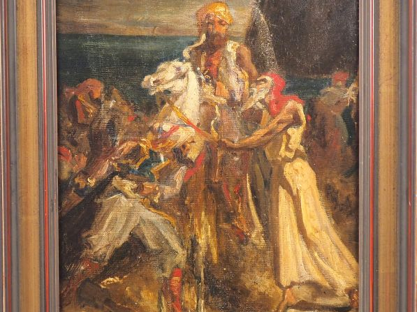 Ecole orientaliste XIXème. "Arabe et personnages". Equisse, huile sur 