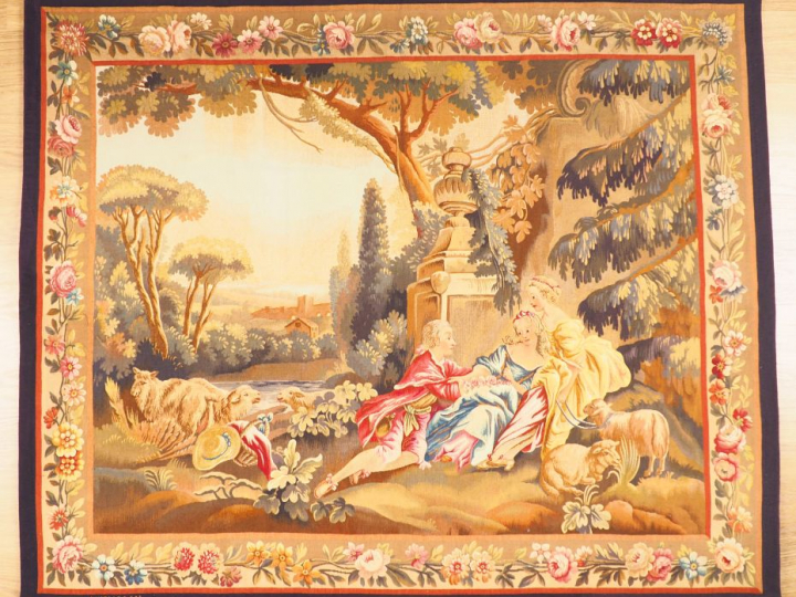 Tapisserie d'Aubusson de style Louis XVI "scène galante dans un paysag