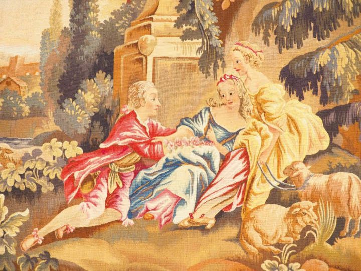 Tapisserie d'Aubusson de style Louis XVI "scène galante dans un paysag