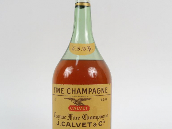 1 VIEUX MAGNUM COGNAC FINE CHAMPAGNE V.S.O.P. J CALVET   CIE - NIVEAU 