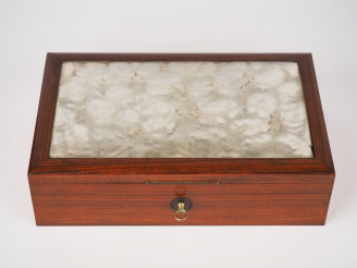Vente aux enchères R. LALIQUE. Coffret "monnaie du pape" Signé, (égrenures à deux angles,