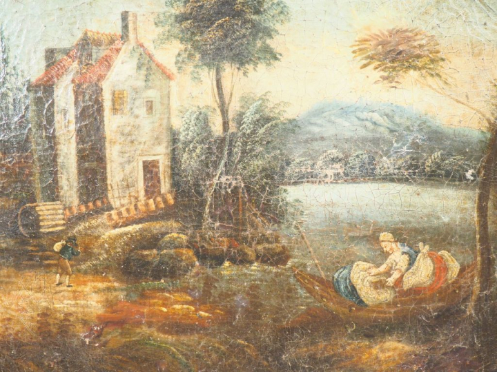 Trumeau de style Louis XVI à décor de paysage lacustre. Dim. 135 x 86 