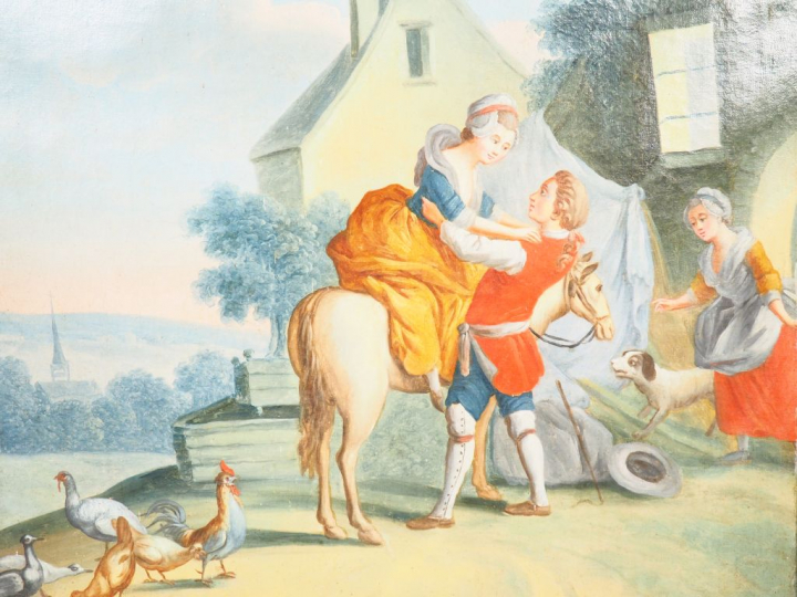 Trumeau Louis XVI à décor de personnages devant la ferme. Dim. 146 x 7