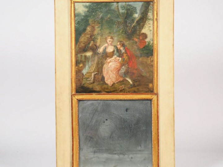 Trumeau Louis XVI à décor de scène galante. Dim. 124 x 74 cm