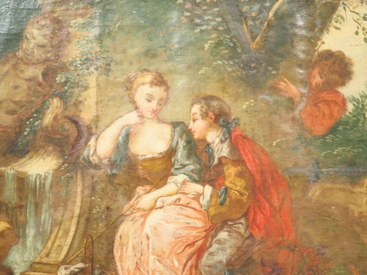 Trumeau Louis XVI à décor de scène galante. Dim. 124 x 74 cm