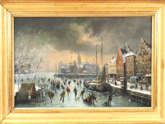 Vente aux enchères MALBRANCHE. "Ville en hiver et patineurs" Huile sur toile, signée en b
