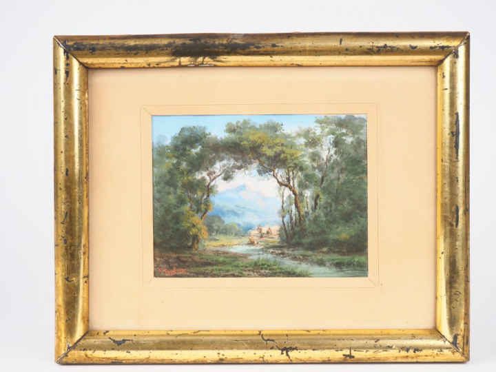 PAUL PASCAL. "Paysans italiens à la rivière" Gouache, signée en bas à 