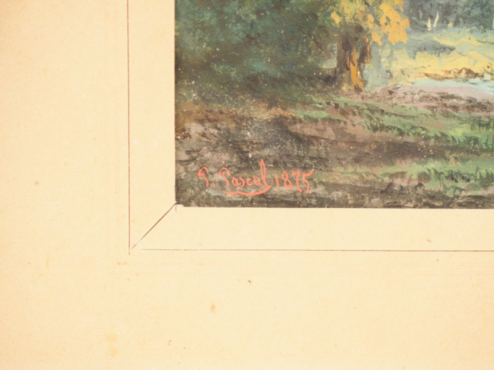 PAUL PASCAL. "Paysans italiens à la rivière" Gouache, signée en bas à 
