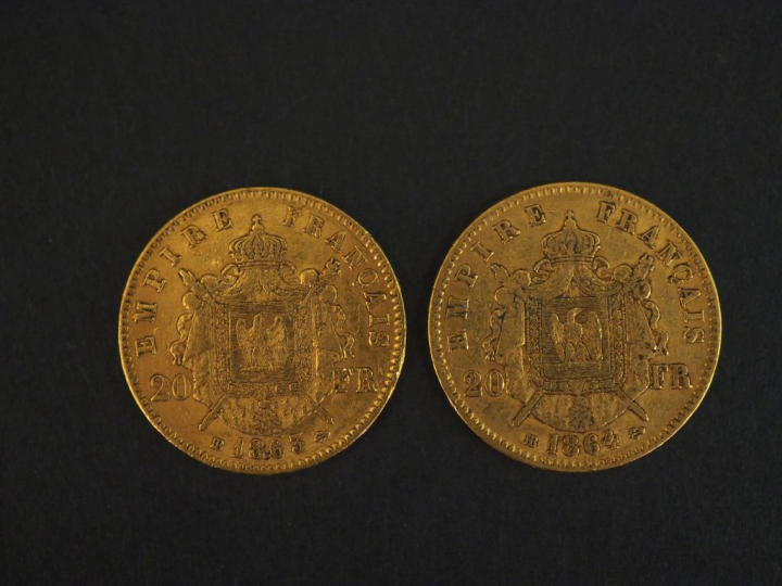 Deux pièces de 20 Francs or, 1863-HB et 1864-HB. FRAIS ACHETEURS 5% TT