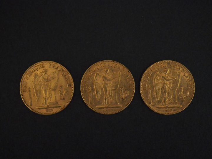 Trois pièces de 20 Francs or, 1876-A, 1895-A et 1897-A.  FRAIS ACHETEU