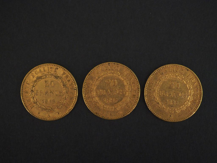 Trois pièces de 20 Francs or, 1876-A, 1895-A et 1897-A.  FRAIS ACHETEU