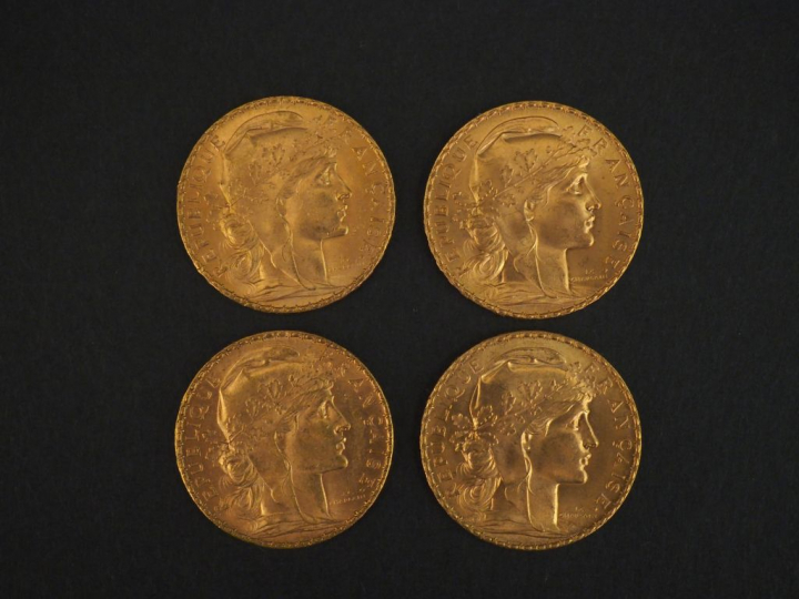 Quatre pièces de 20 Francs or, 1908. FRAIS ACHETEURS 5% TTC.   