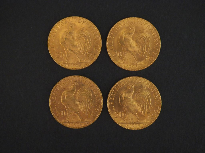 Quatre pièces de 20 Francs or, 1908. FRAIS ACHETEURS 5% TTC.   