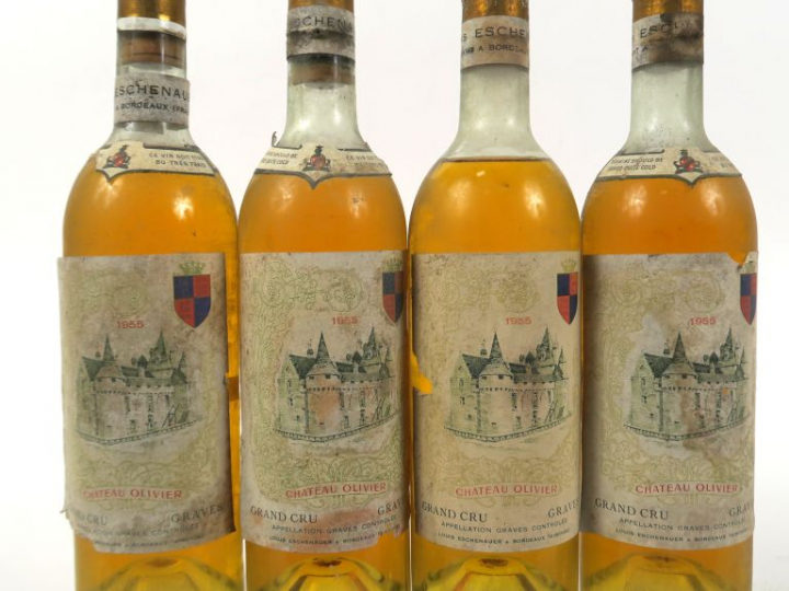 4 BOUTEILLES CHÂTEAU OLIVIER GRAVES - 1955 - 1 LB/2 HEP/1 MEP/ES/ET/1 
