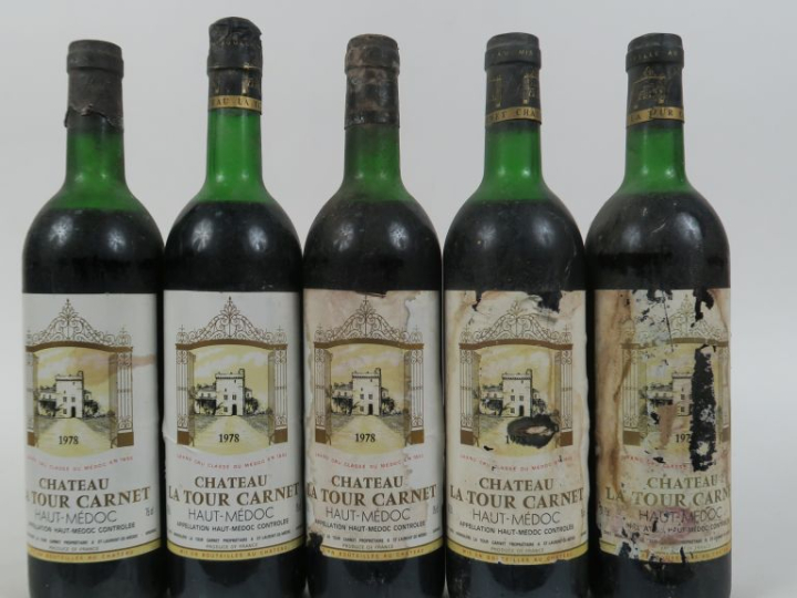 5 BOUTEILLES CHÂTEAU LA TOUR CARNET HAUT MEDOC - 1978 - 3 HEP/2 MEP/ET