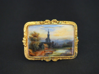 Vente aux enchères Broche XIXème Louis XVI à décor peint de paysage, encadrement en métal