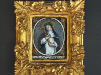 Vente aux enchères I. LAUDIN.  Plaque en émail "Sainte Catherine"  Signée au dos  Dim. 8,