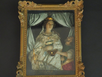 Vente aux enchères Petit tableau en cire et textile XIXème "Elisabeth et le mendiant". Di