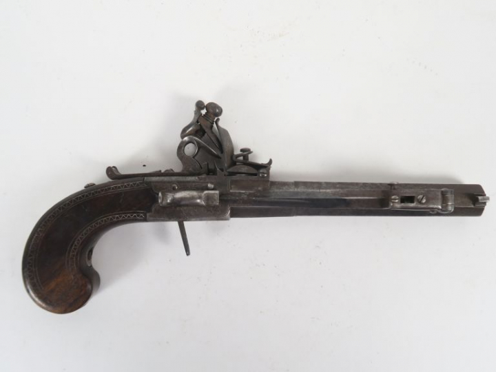 Beau et grand pistolet de défense à silex et à coffre de 230 mm de lon