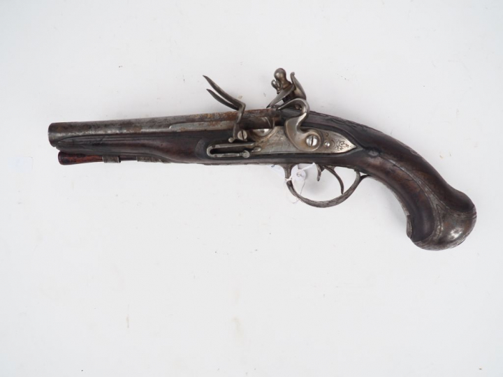 Pistolet de voyage à silex de 300 mm de long monté fer, canons en tabl