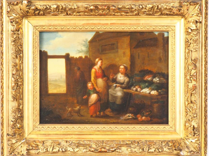 Hendrick MOMMERS (entourage de). "Scène de marché". Huile sur panneau.