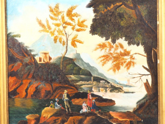 Vente aux enchères Ecole française début XIXème. "Pêcheurs dans un paysage". Huile sur to
