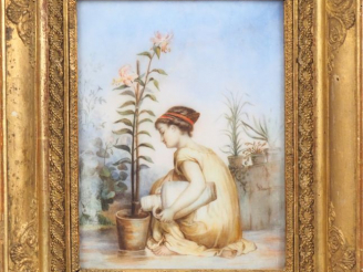 Vente aux enchères Ecole française début XIXème. "Jeune grecque au lys". Peinture sur mar