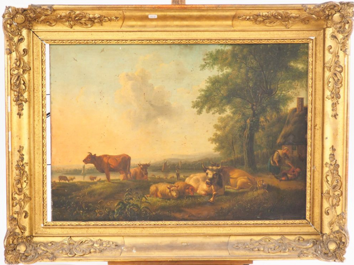 Ecole française XIXème. "Animaux et paysans". Huile sur panneau. Dim. 