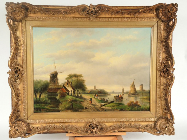Ecole hollandaise XIXème. 'Paysage fluvial animé'.  Huile sur toile.  