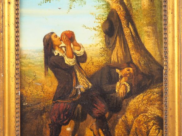 Ecole française XIXème. "Les buveurs". Huile sur toile, trace de signa
