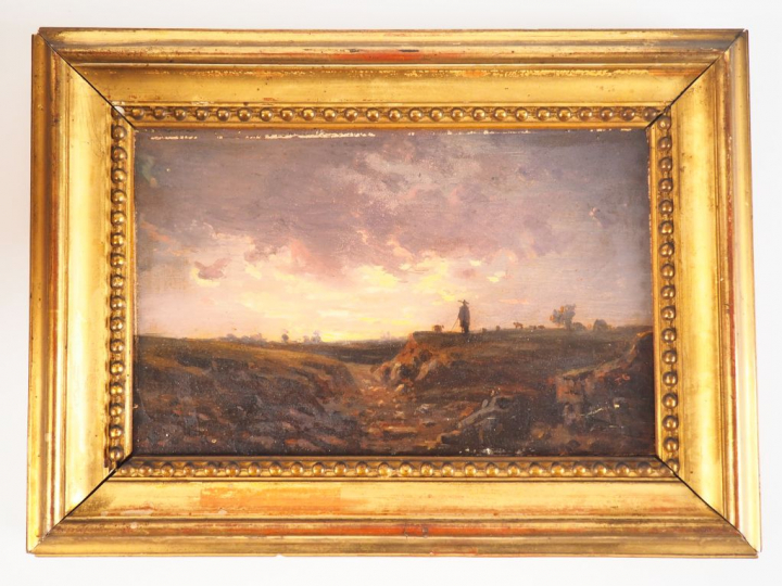 Ecole française XIXème. "Berger au coucher du soleil". Huile sur panne