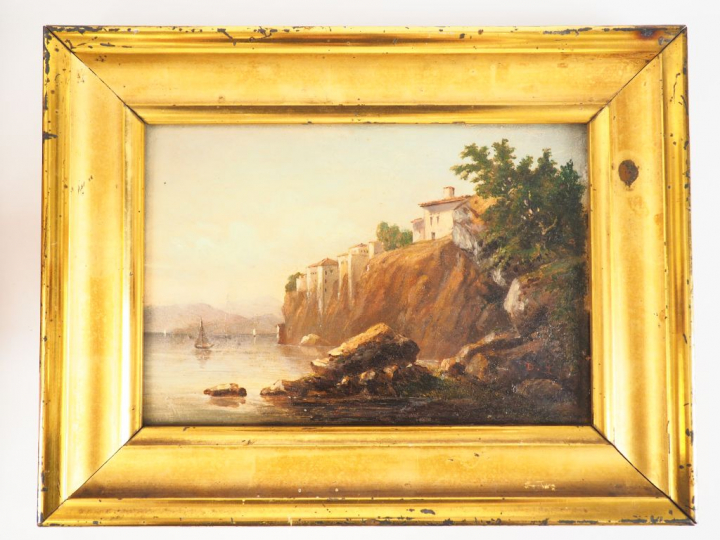 Ecole italienne XIXème. "La cote vue du rivage". Huile sur toile marou