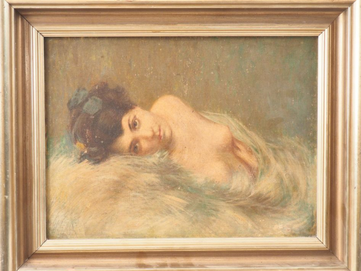 Ecole française début Xxème. "Jeune femme alanguie". Huile sur toile. 