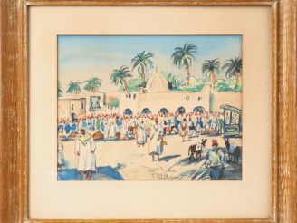 Vente aux enchères MARROT. "Le souk à Biskra". Aquarelle, signée, située et datée 19/3/50