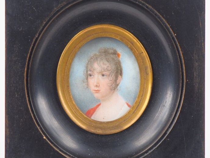 Miniature début XIXème, "portrait de jeune fille", dans un cadre en bo