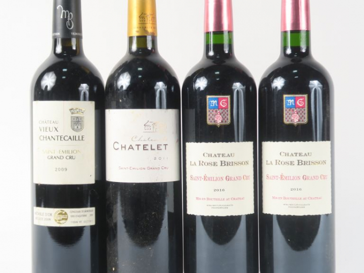 4 BOUTEILLES GC ST EMILION : 1 CHÂTEAU LA ROSE BRISSON 2016 - 1 VIEUX 