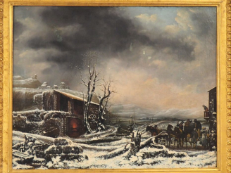 Vente aux enchères MALLEBRANCHE.  « effet d’hiver, le relais de poste ». Huile sur toile.