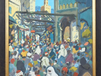 Vente aux enchères Raymond CRETOT-DUVAL. "Le souk en Afrique du Nord". Huile sur toile, c