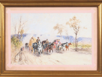 Vente aux enchères FANCINI. "Convoi de calèches en Italie". Aquarelle, signée en bas à dr