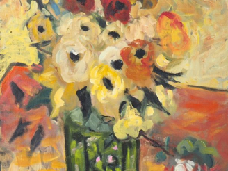 Vente aux enchères HELVEN. "Bouquet de fleurs sur une table". Huile sur toile, signée en 