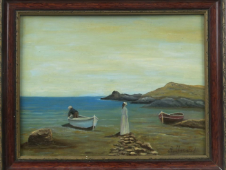 Vente aux enchères ISNARD. "Personnages en bord de mer". Huile sur isorel, signée en bas 