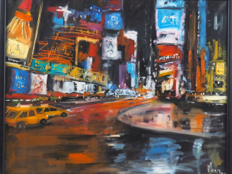 Vente aux enchères KLEINER. "Nuit sur Tames Square". Huile sur toile, signée en bas à dro