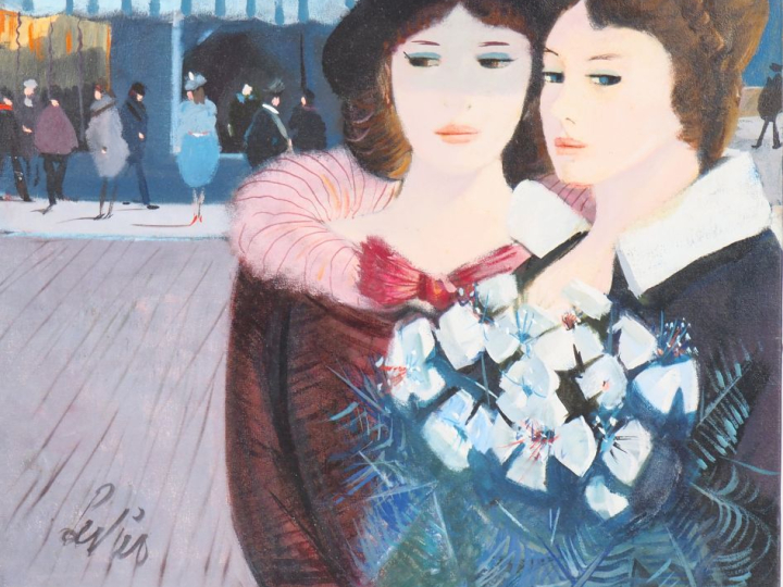 Charles LEVIER. "Promenade". Huile sur toile, signée en bas à gauche e