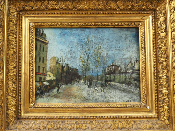 Elisée MACLET. "Vue de Paris en hiver". Huile sur panneau, signée en b