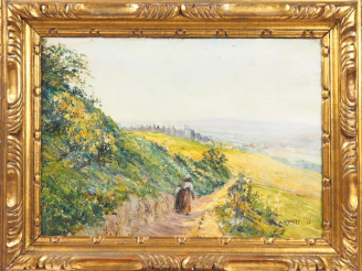 Vente aux enchères Léo MASNAT. "Paysanne cheminant près de la cité de Carcassonne". Huile
