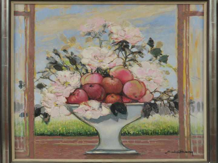 MICHEL-HENRY. "Compotier de pommes et de fleurs". Huile sur toile, sig