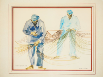 Vente aux enchères Jean MONNERET. "Ravaudeurs de filets". Aquarelle, signée en bas à droi