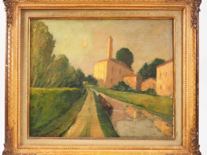 F. TOZZI. "bord de canal". Huile sur toile, signée en bas à gauche. Di