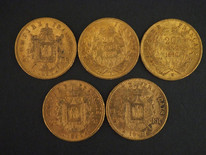 Cinq pièces de 20 Francs or, 1860-BB (x2), 1861-A (x1) et 1862-A (x2).
